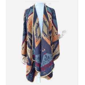 Aztec Print Open Front Blanket Poncho Wrap Sweater navy tan colorful